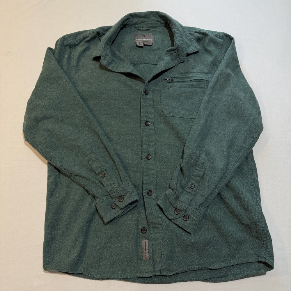 Royal Robbins Mens Large Green Coastal Flannel Shirt Zipper Pocket Twill